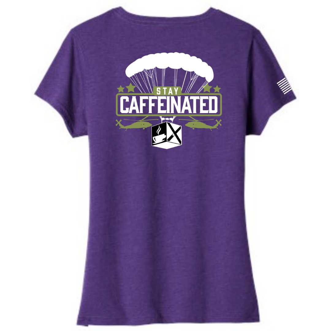 Stay caffeinated ladies v-neck bella canvas patriotic apparel soft and comfortable. Purple. Veteran-owned.