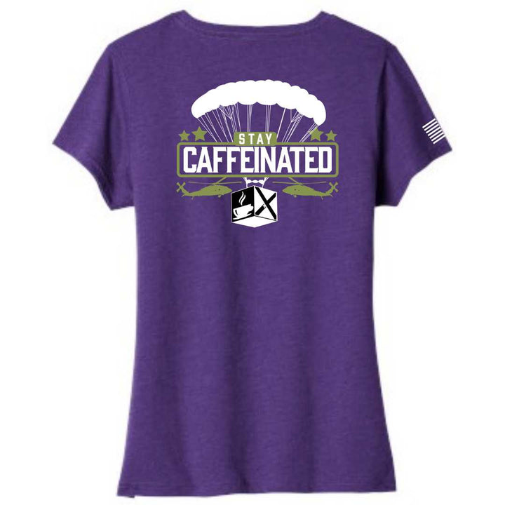 Stay caffeinated ladies v-neck bella canvas patriotic apparel soft and comfortable. Purple. Veteran-owned.