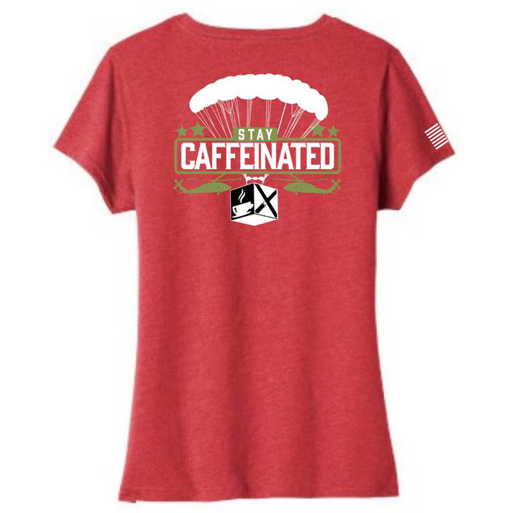 Stay caffeinated ladies v-neck bella canvas patriotic apparel soft and comfortable. Red. Veteran-owned.