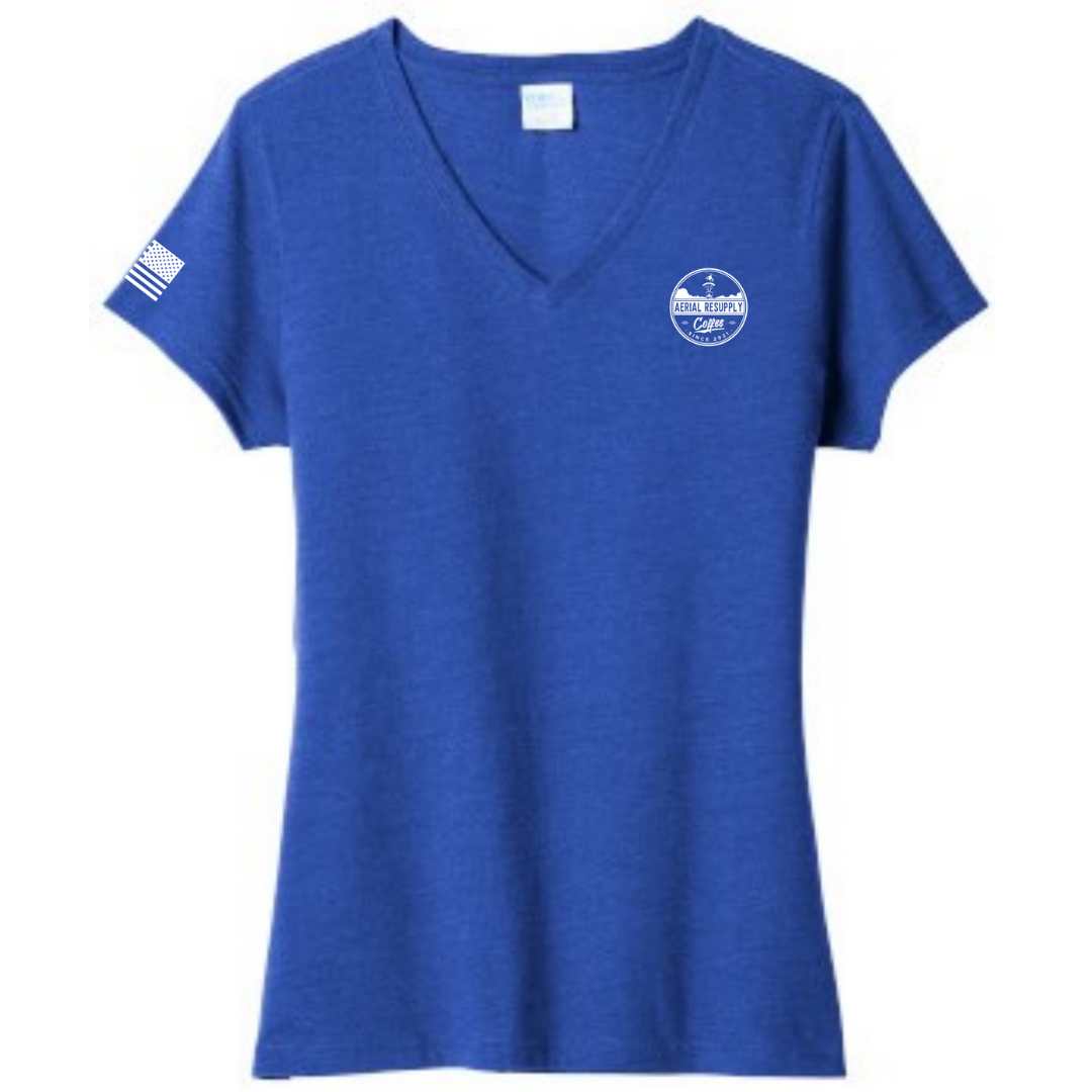 Stay caffeinated ladies v-neck bella canvas patriotic apparel soft and comfortable. Blue. Veteran-owned. Front.