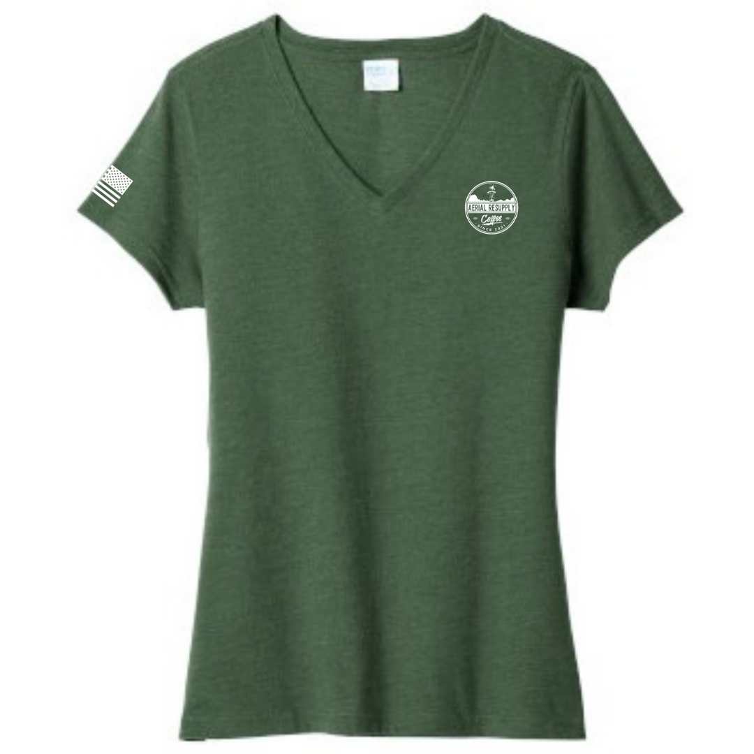 Stay caffeinated ladies v-neck bella canvas patriotic apparel soft and comfortable. Dark green front. Veteran-owned.