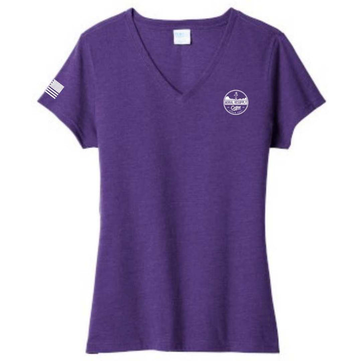 Stay caffeinated ladies v-neck bella canvas patriotic apparel soft and comfortable. Purple back. Veteran-owned.