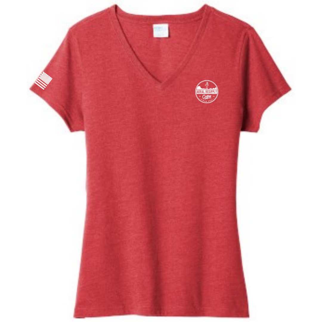 Stay caffeinated ladies v-neck bella canvas patriotic apparel soft and comfortable. Red. Veteran-owned. Front