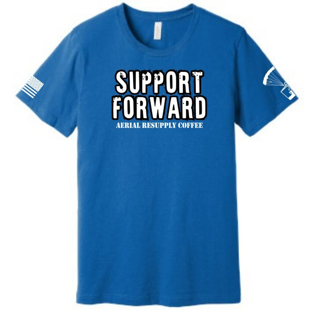 Aerial Resupply Coffee support forward blue t-shirt with american flag and parachute on the sleeves