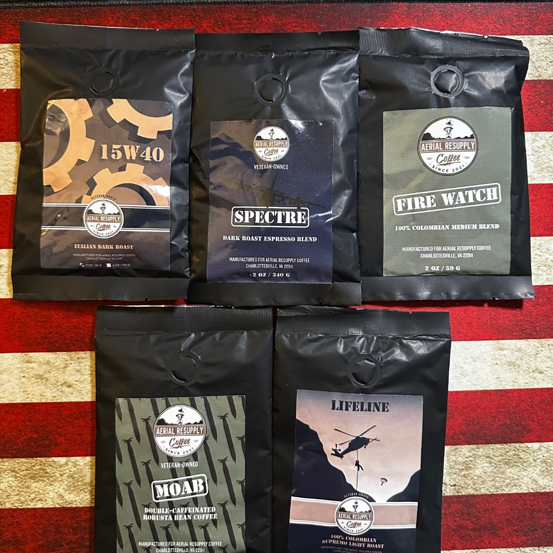 Aerial Resupply Coffee preground five pack sampler of gourmet and premium coffee. Veteran-owned.