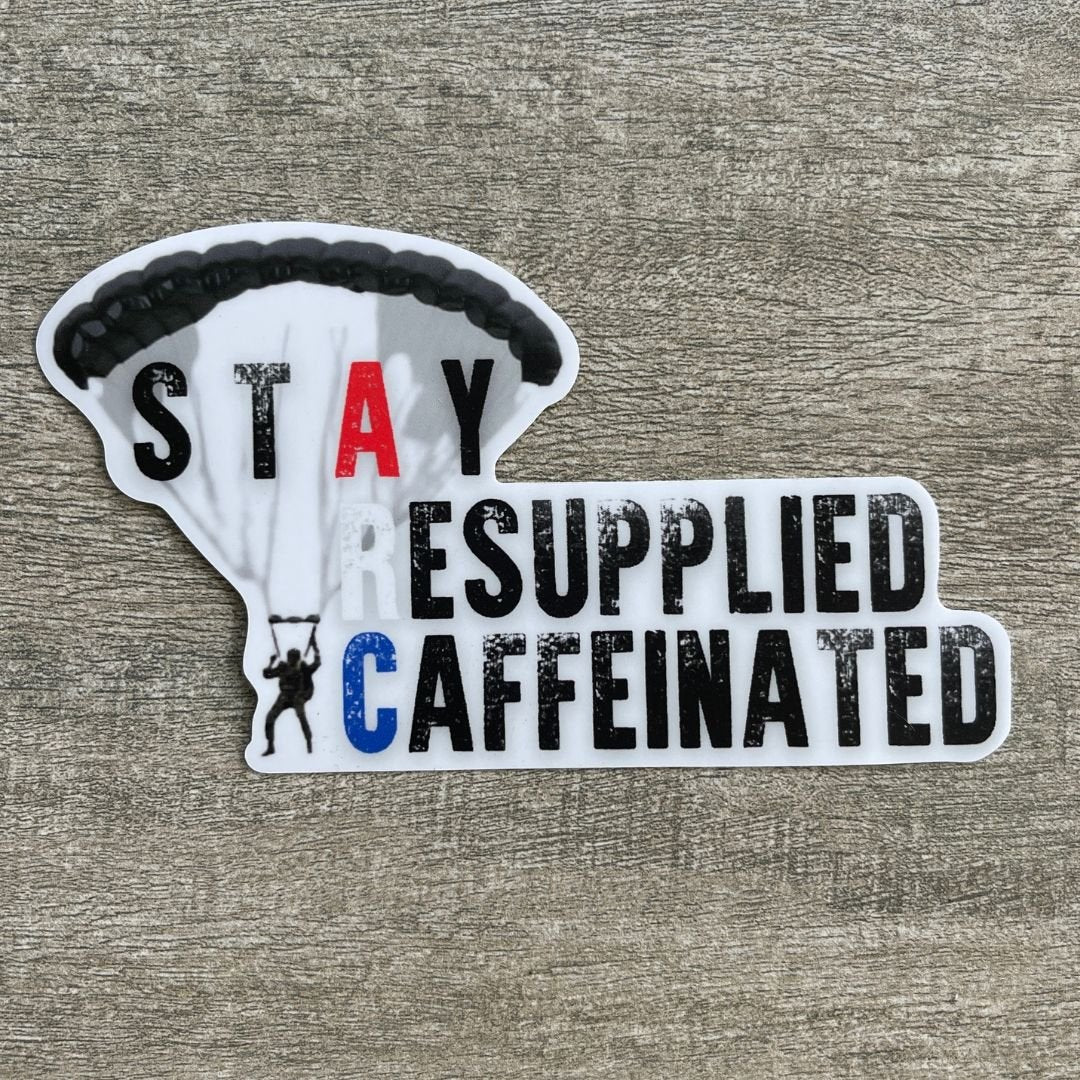 Aerial Resupply Coffee stay resupplied vinyl sticker. Veteran owned and operated in Charlottesville Virginia