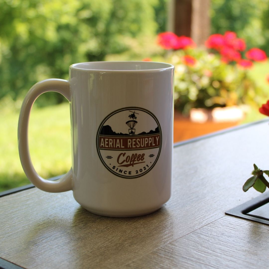 The Aerial Resupply Coffee 15 ounce coffee mug ceramic and veteran owned in charlottesville, virginia.