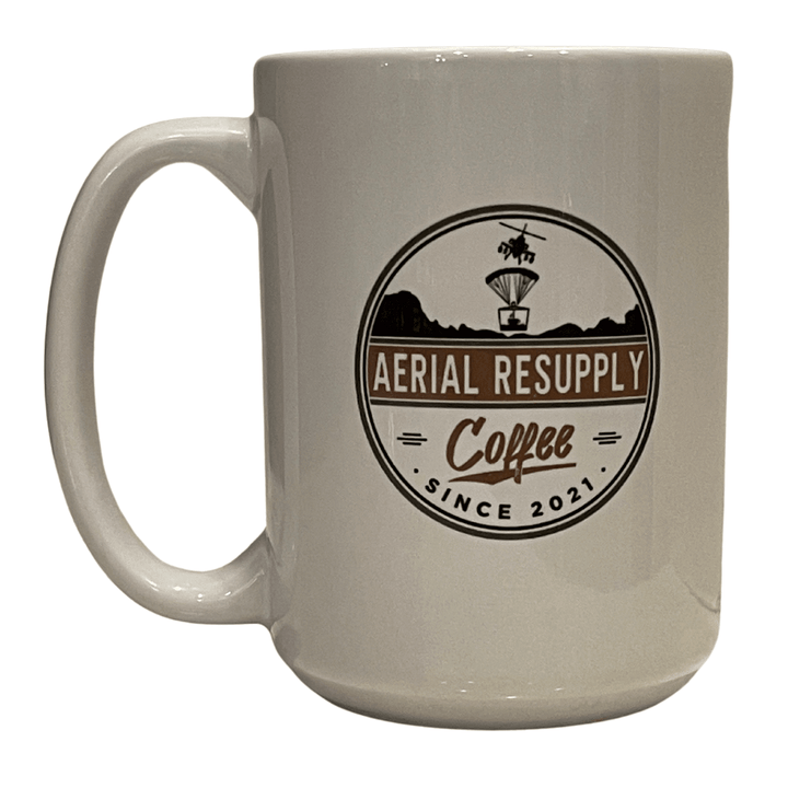 The Aerial Resupply Coffee 15 ounce coffee mug ceramic and veteran owned in charlottesville, virginia.