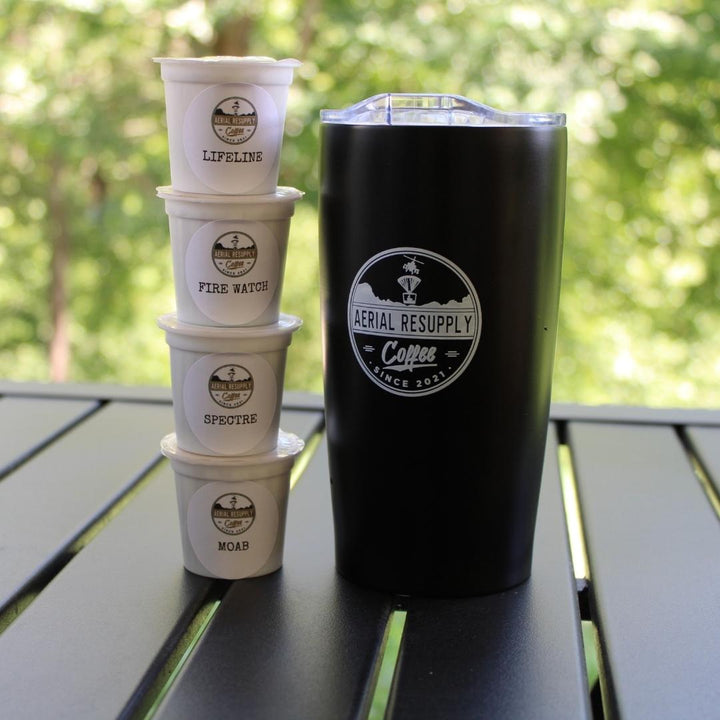 Aerial Resupply Coffee Single Serving K-cup and 20 ounce white Logo tumbler bundle. Veteran-Owned.