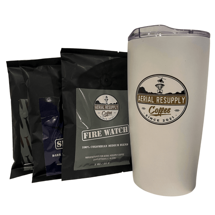 Aerial Resupply Coffee preground sampler and 20 ounce white Logo tumbler bundle. Veteran-Owned.