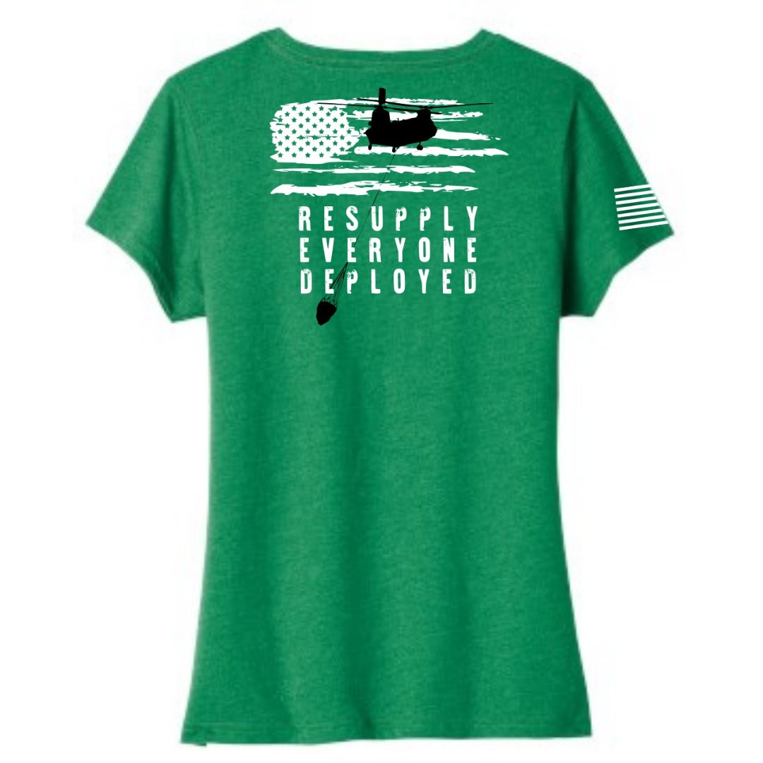 Resupply Everyone Deployed Ladies V-neck bella canvas T-shirt from Aerial Resupply Coffee. Green.