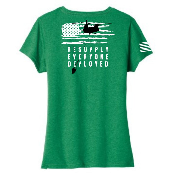 Resupply Everyone Deployed Ladies V-neck bella canvas T-shirt from Aerial Resupply Coffee. Green.