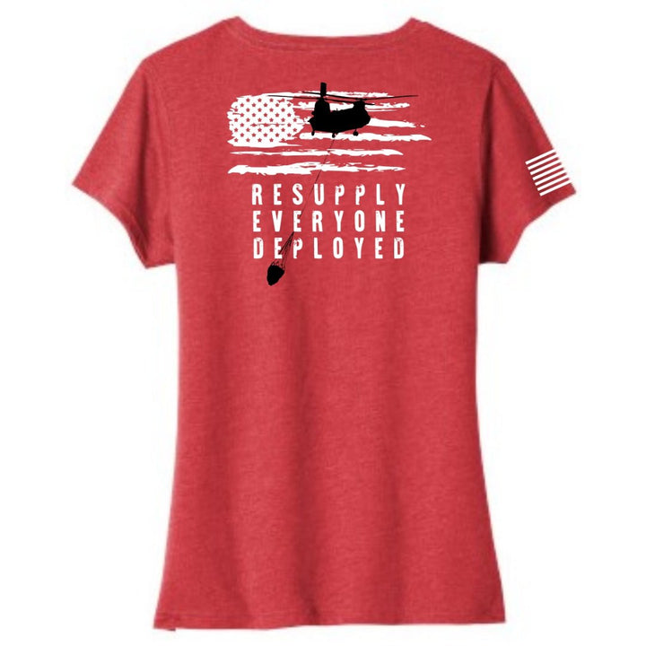 Resupply Everyone Deployed Ladies V-neck bella canvas T-shirt from Aerial Resupply Coffee. Red.