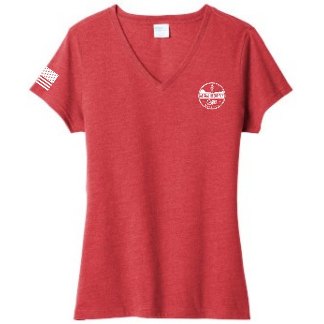 Resupply Everyone Deployed Ladies V-neck bella canvas T-shirt from Aerial Resupply Coffee. Red front